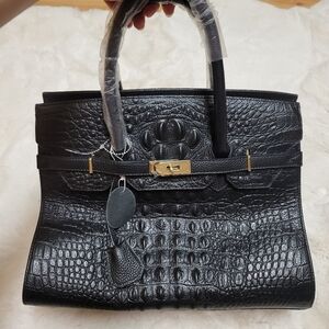 Genuine Leather Croc Embossed Top Handle Designer Style Bag Purse Black New